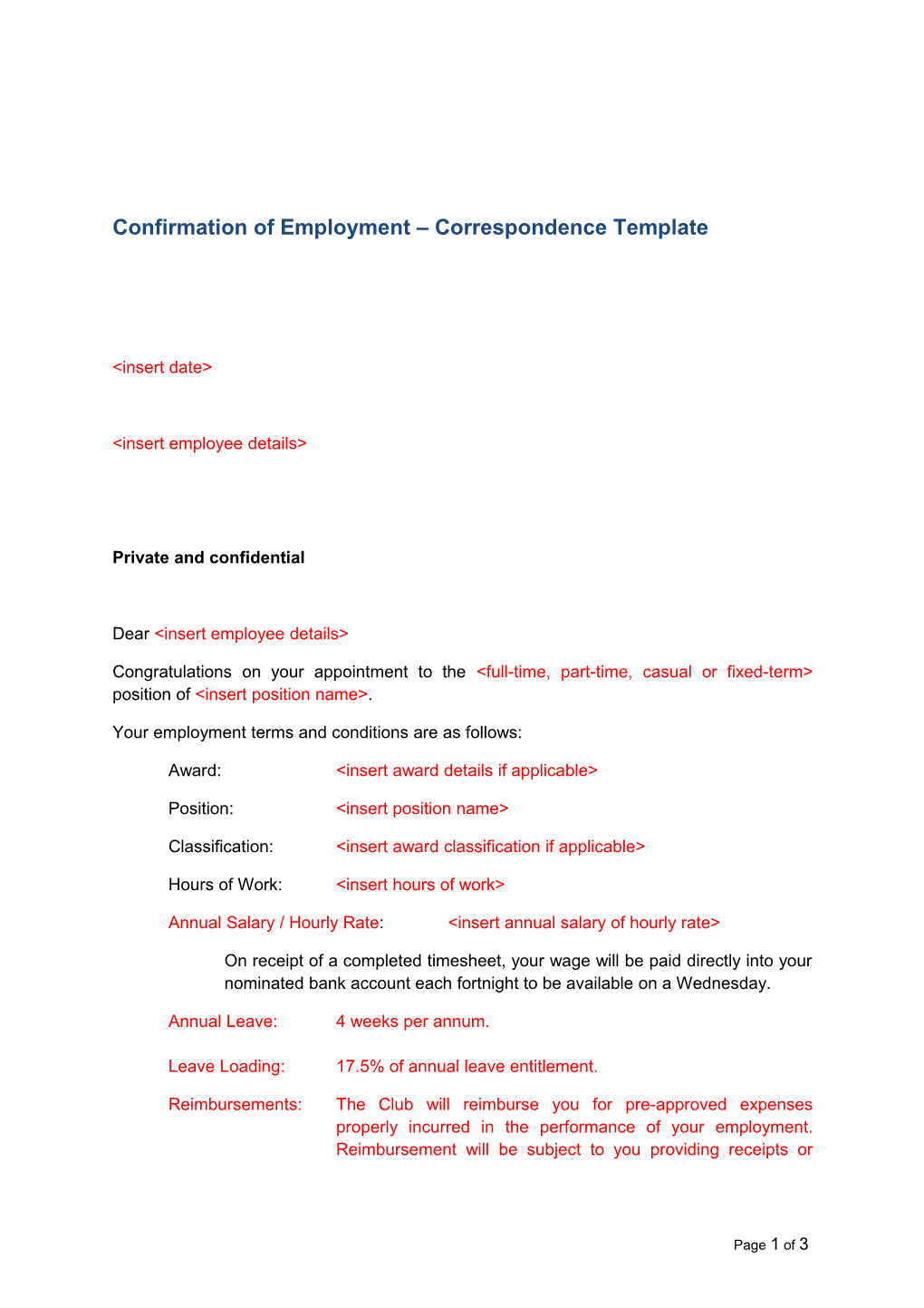 Confirmation of Employment Correspondence Template