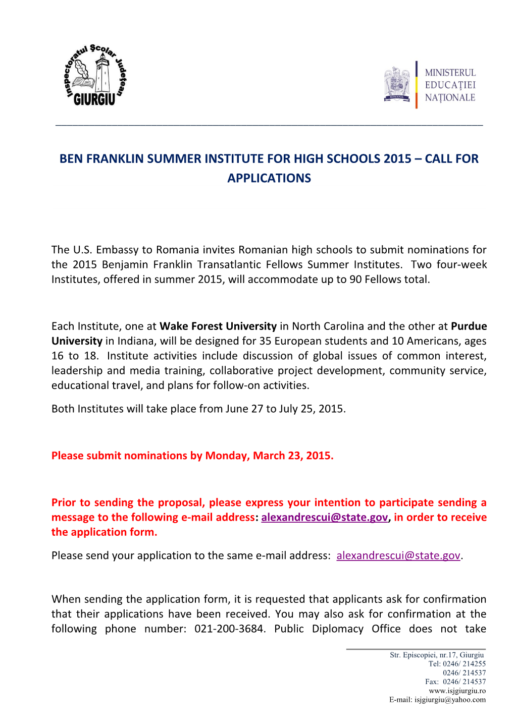 Ben Franklin Summer Institute for High Schools 2015 Call for Applications