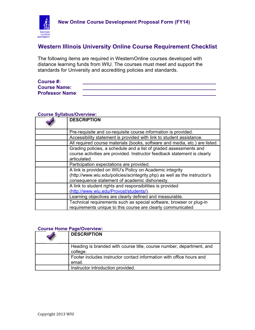 Western Illinois University Online Course Requirement Checklist