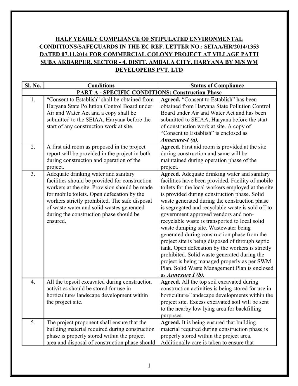 Half Yearly Compliance of Stipulated Environmental Conditions/Safeguards in the Ecref