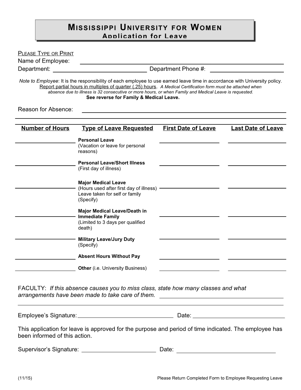 (11/15) Please Return Completed Form to Employee Requesting Leave