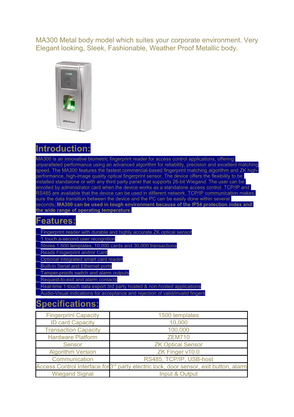 Fingerprint Reader with Durable and Highly Accurate ZK Optical Sensor