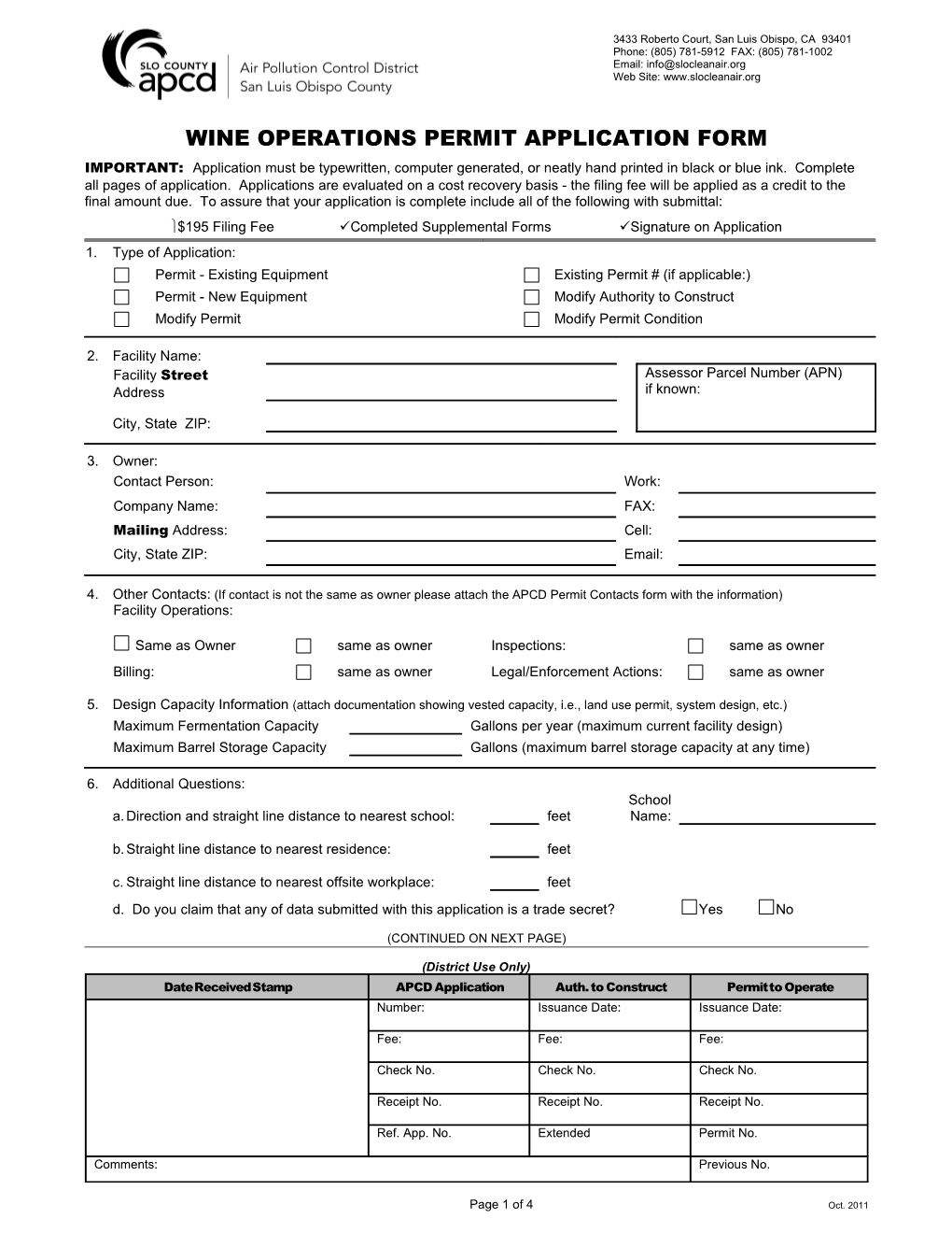 Application for Authority to Construct and Permit to Operate