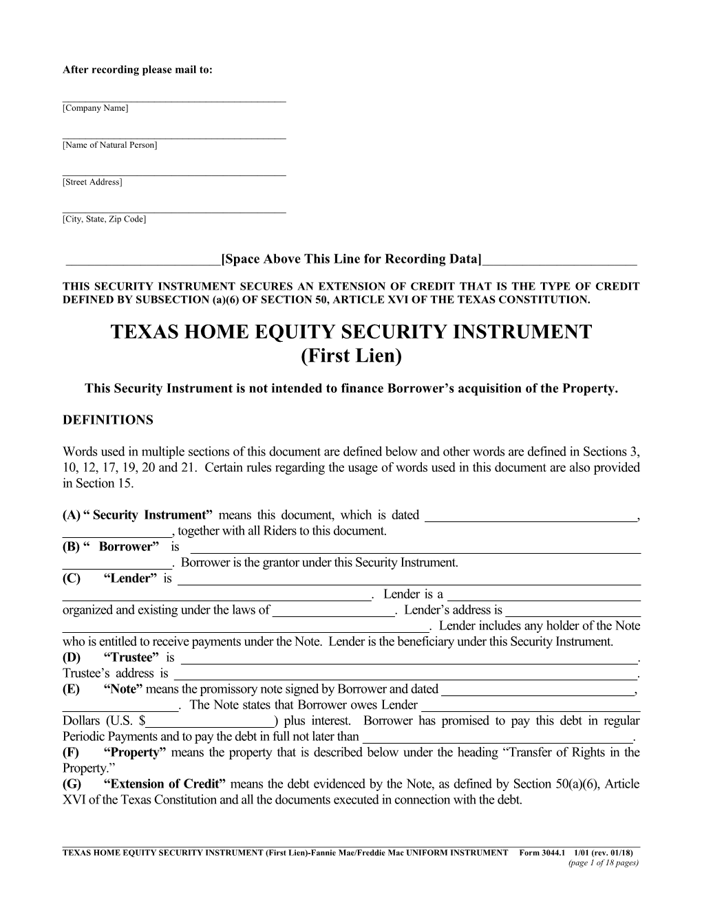 Form 3044.1 - Texas Home Equity Security Instrument First Lien
