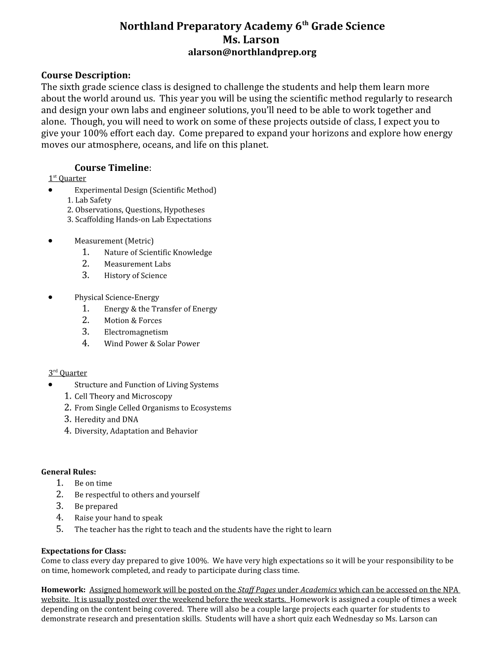 Northland Preparatory Academy 6Th Grade Science