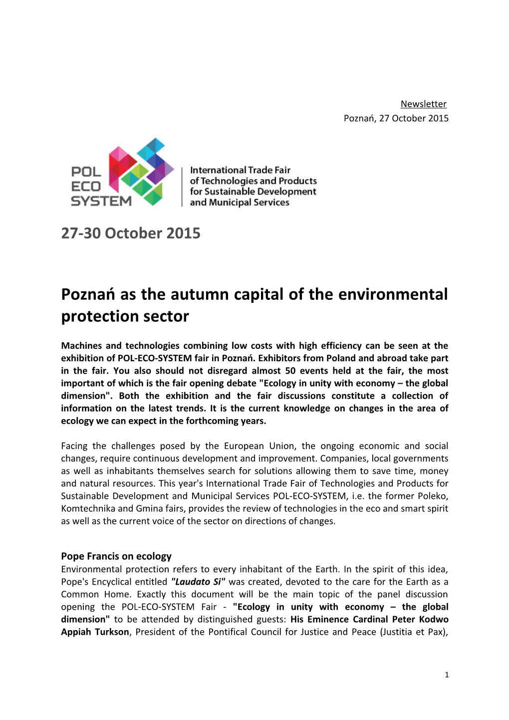 Poznań As the Autumn Capital of the Environmental Protection Sector