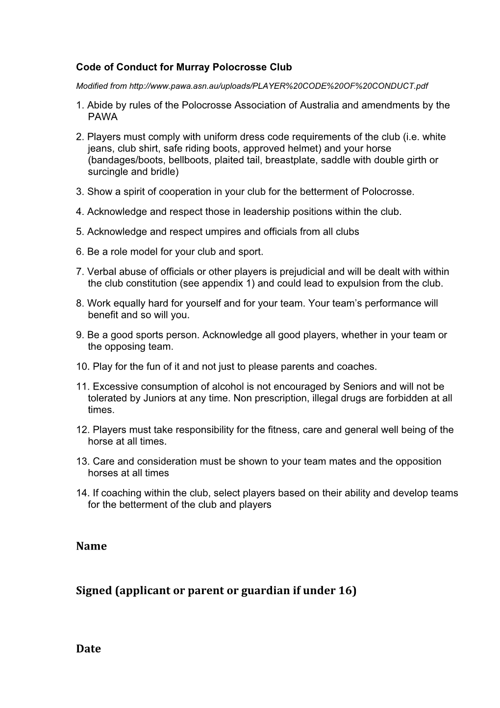 Code of Conduct for Murray Polocrosse Club