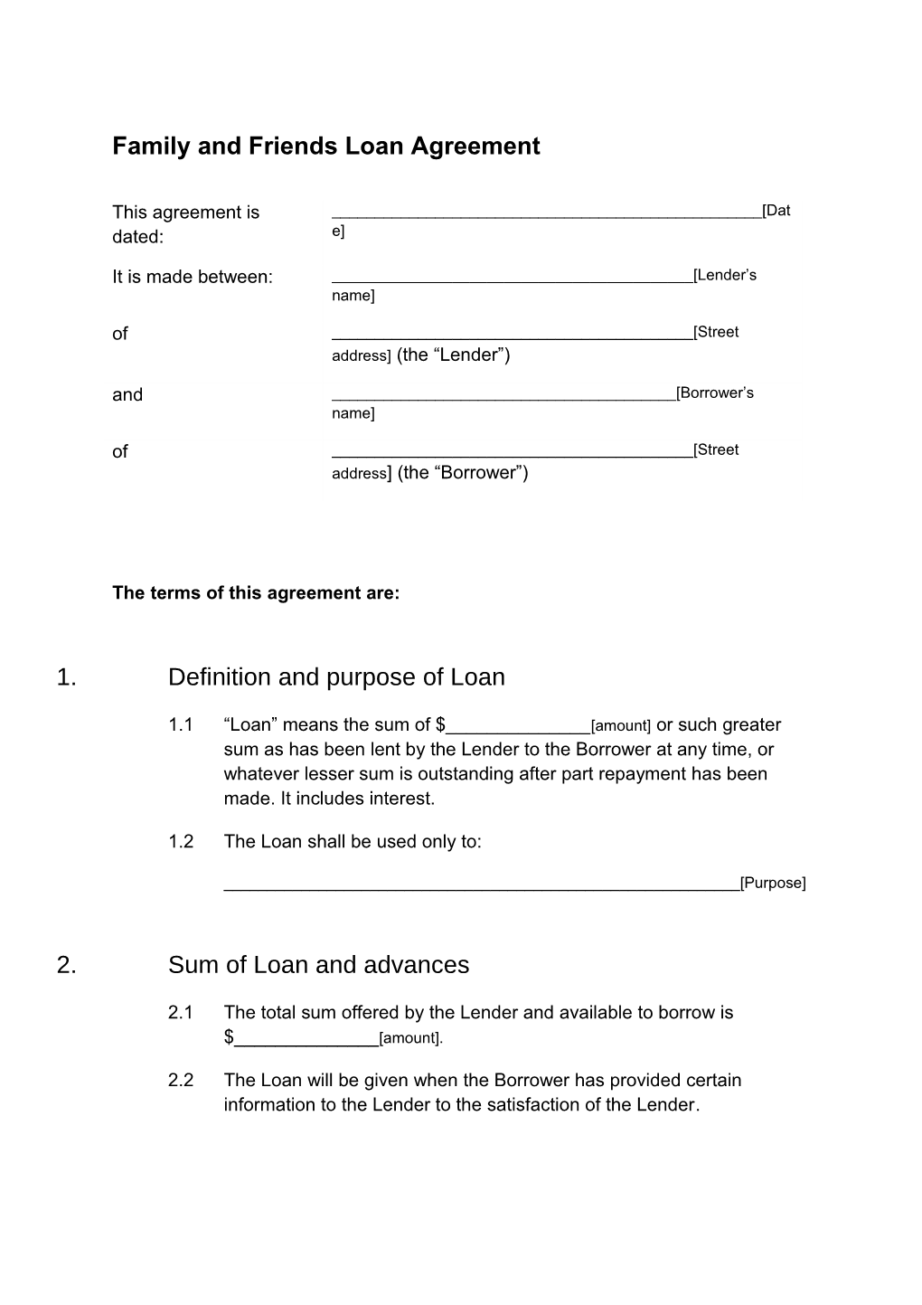 Family and Friends Loan Agreement