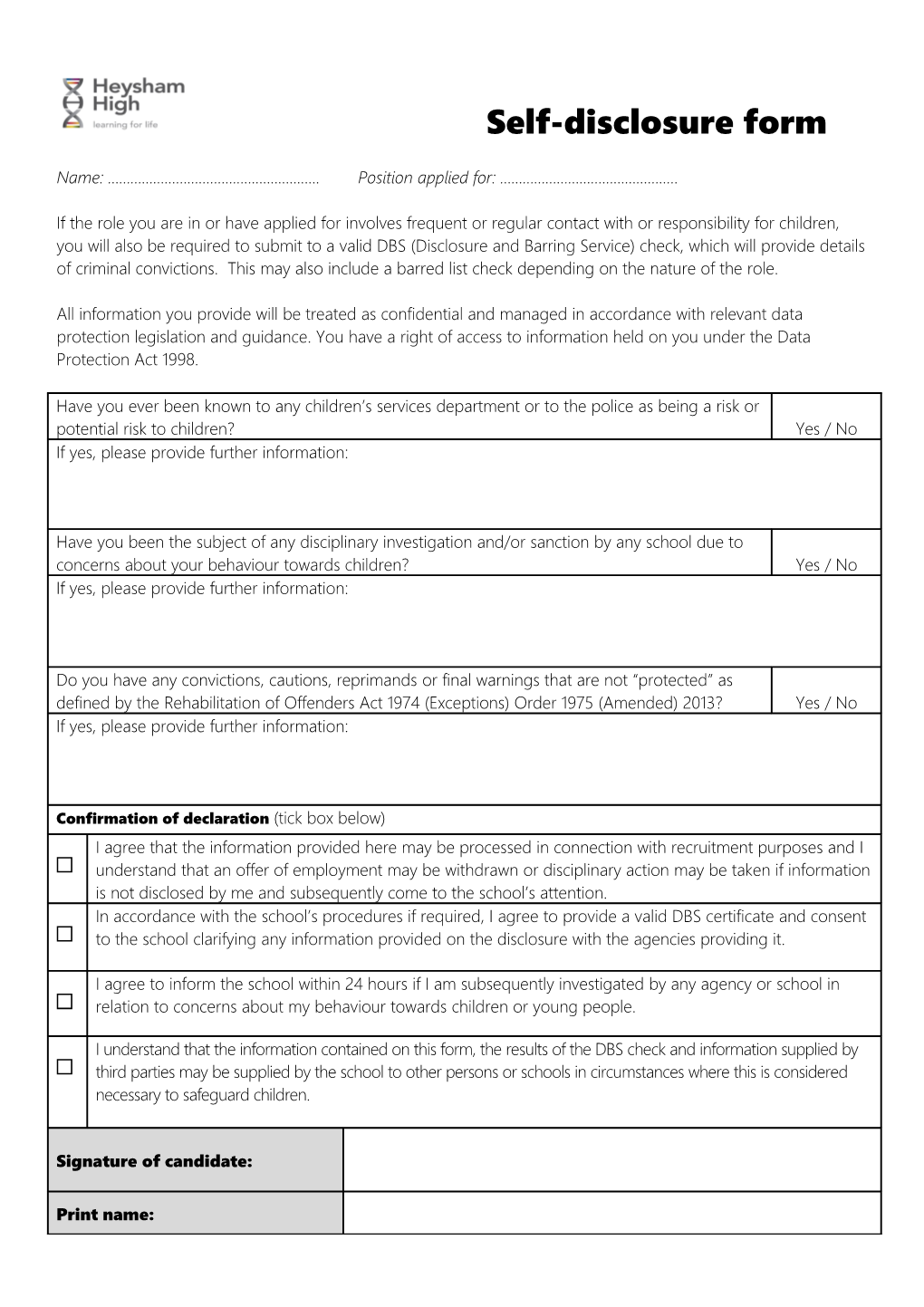 NSPCC the Child Protection in Sport Unit - Employment Self-Declaration and Disclosure Form