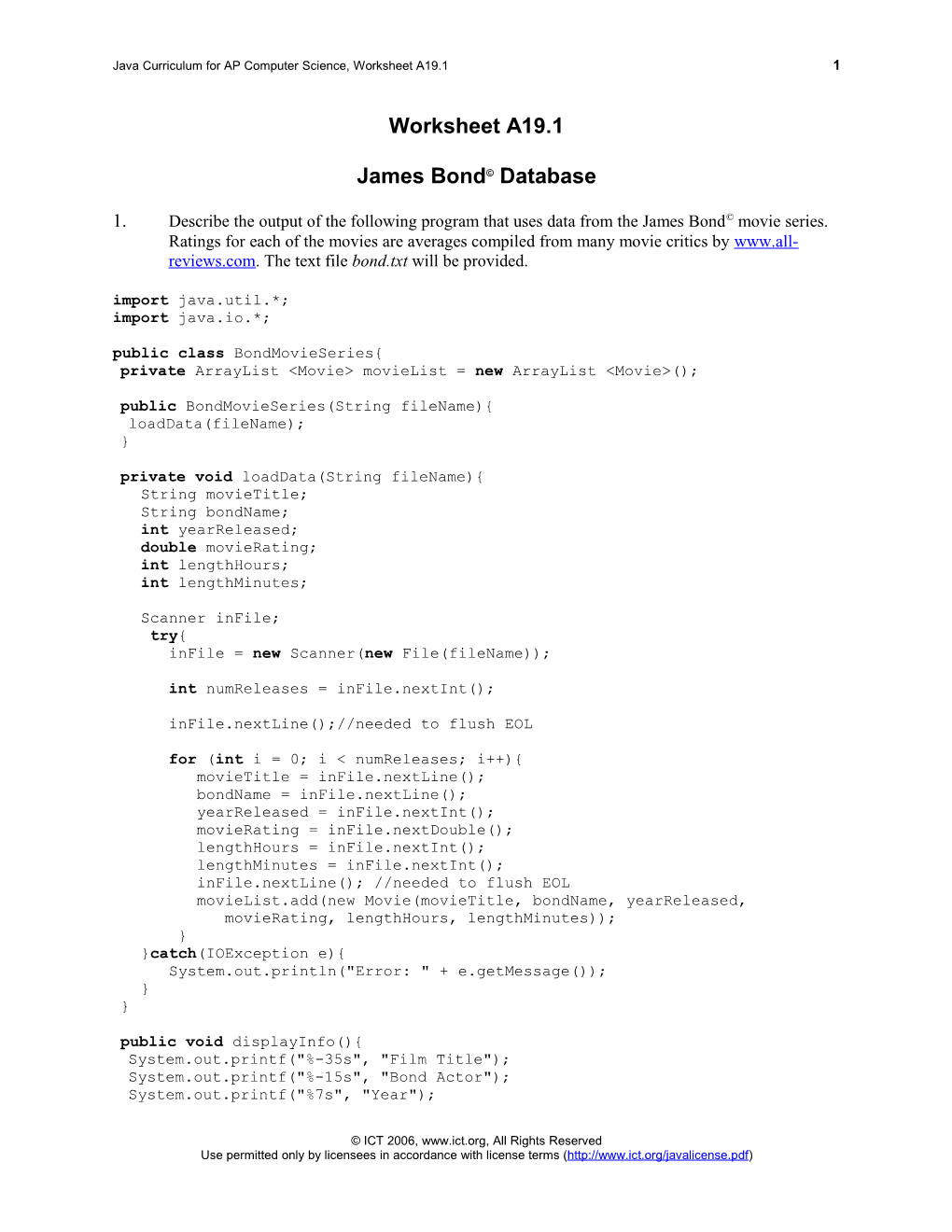 Java Curriculum for AP Computer Science, Worksheet A19.1 1