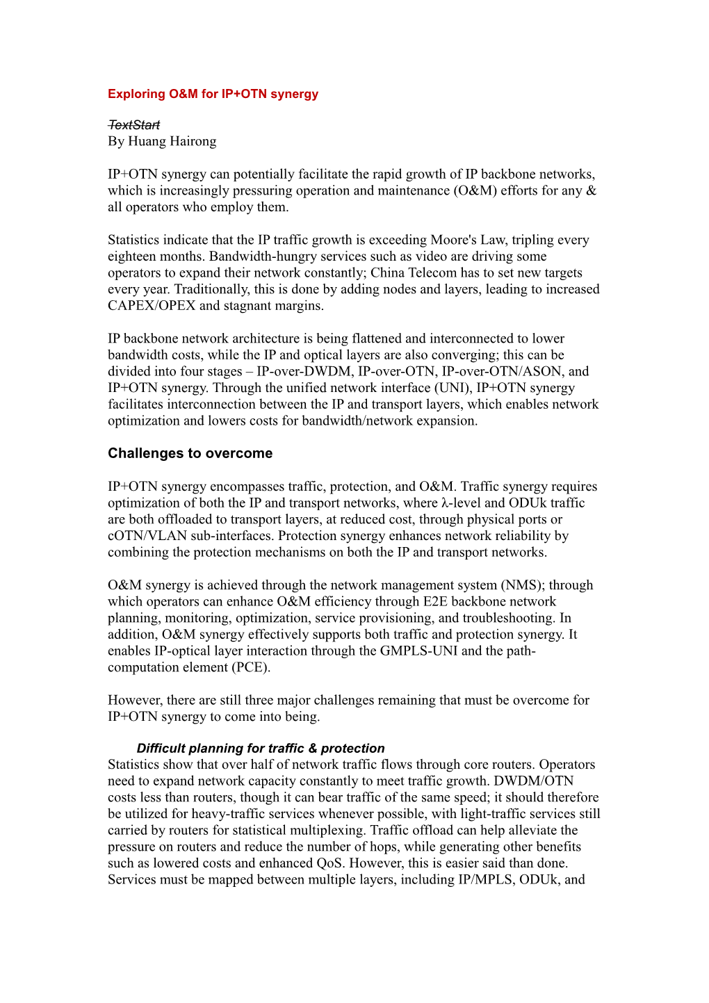 Exploring O&M for IP+OTN Synergy