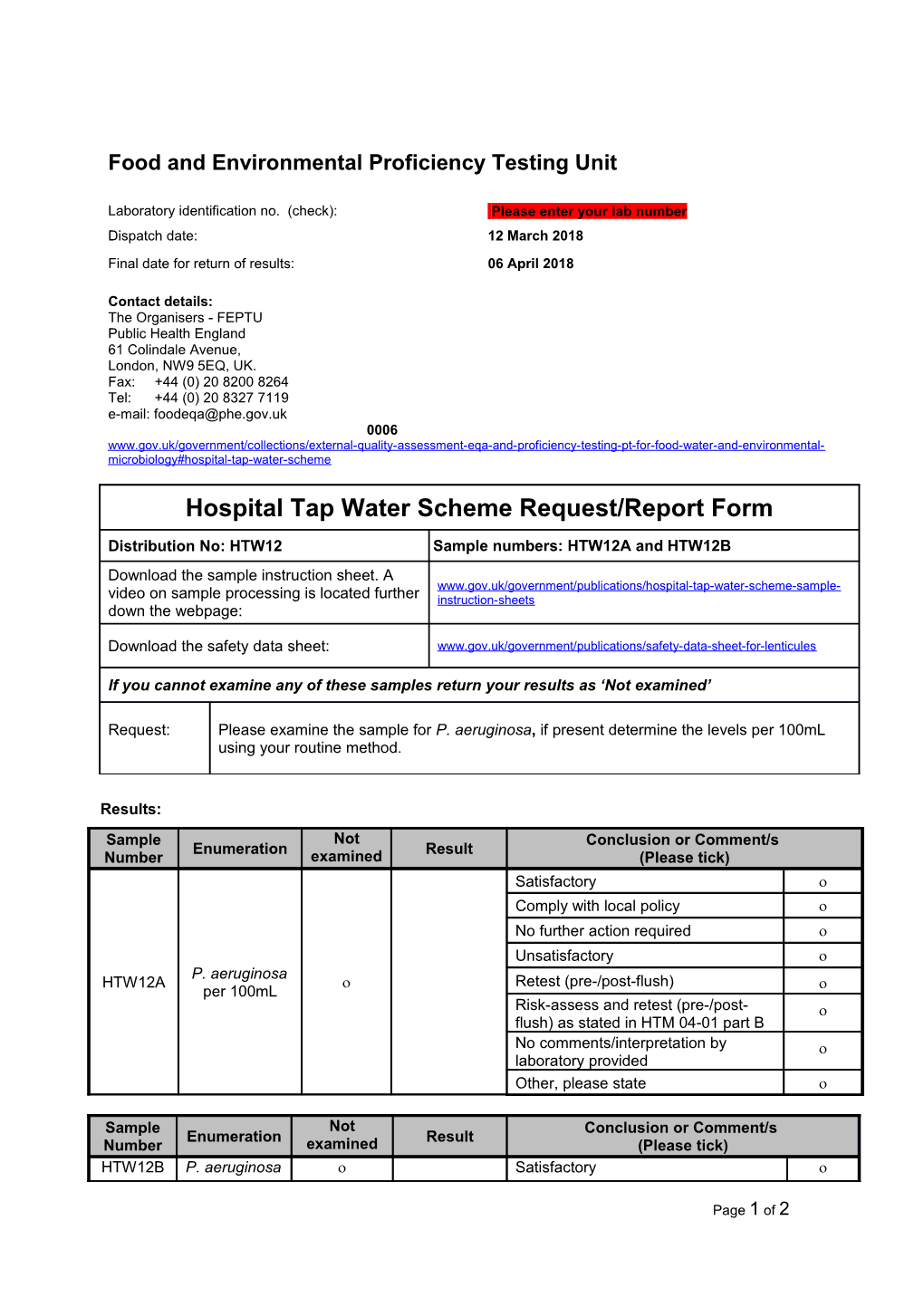 Hospital Tap Water Scheme Request Report Form