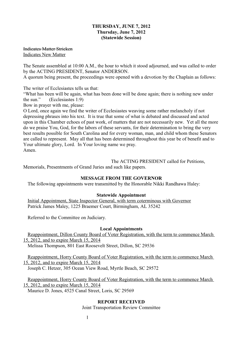 Senate Journal for June 7, 2012 - South Carolina Legislature Online