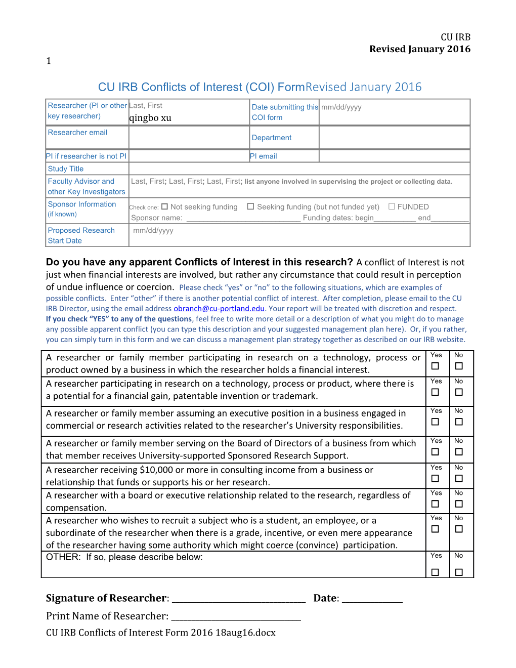 CU IRB Conflicts of Interest(COI) Form