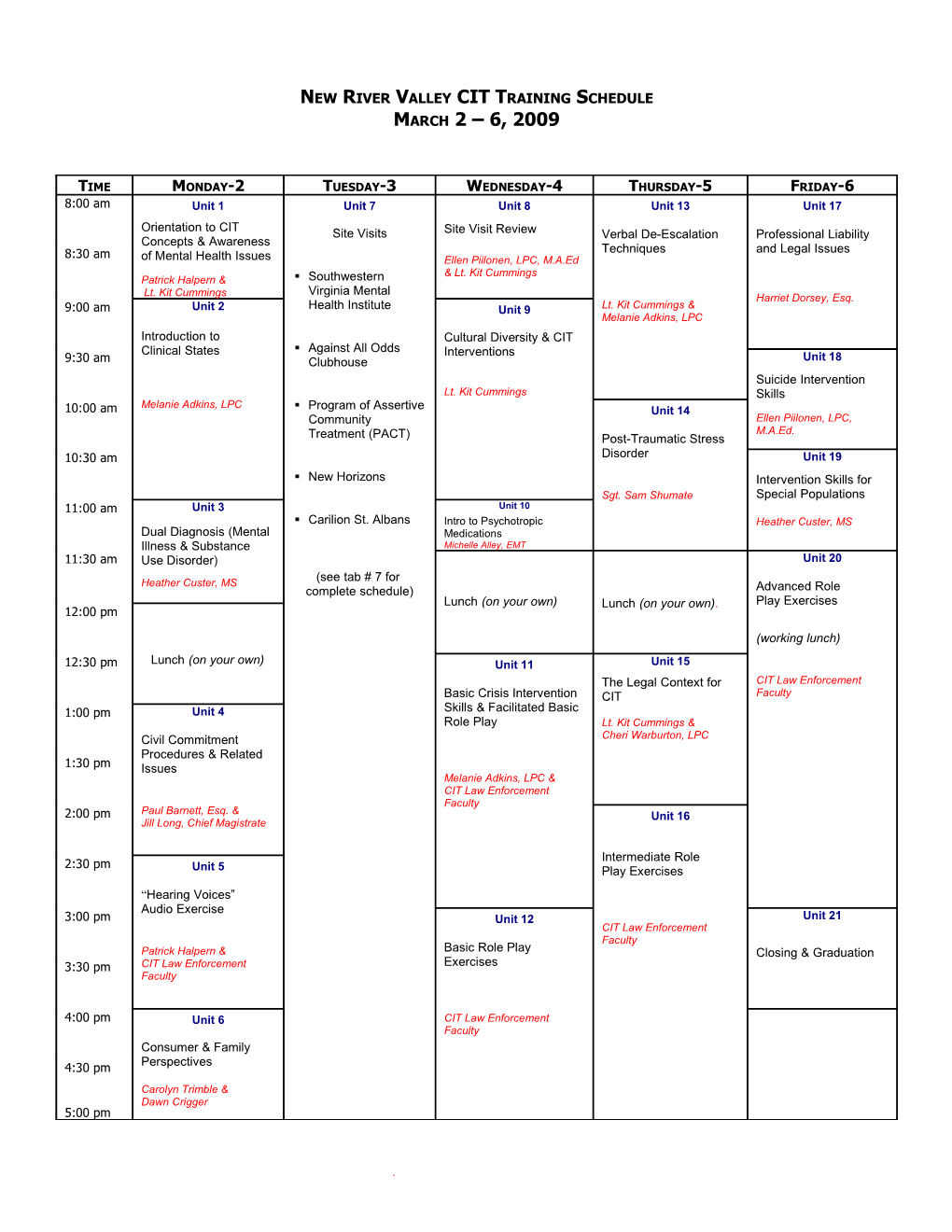 New River Valley Cit Training Schedule