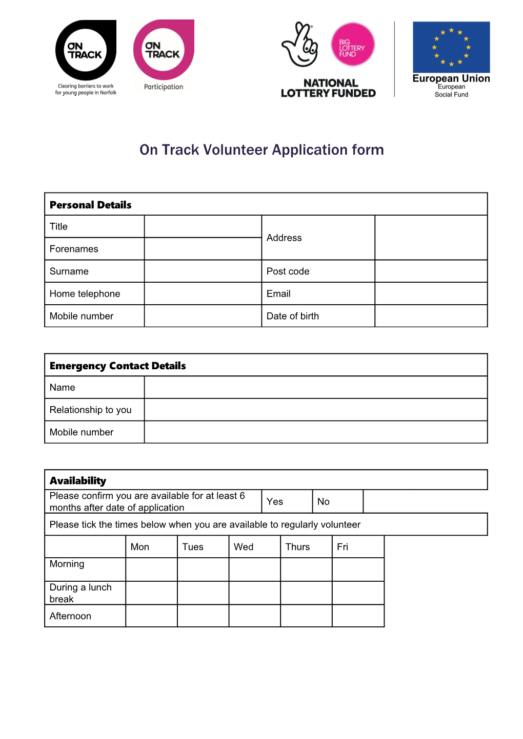 On Track Volunteer Application Form