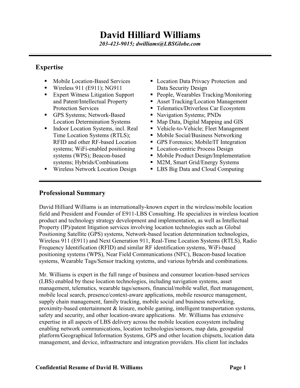 Confidential Resume of David H. Williams Page 1