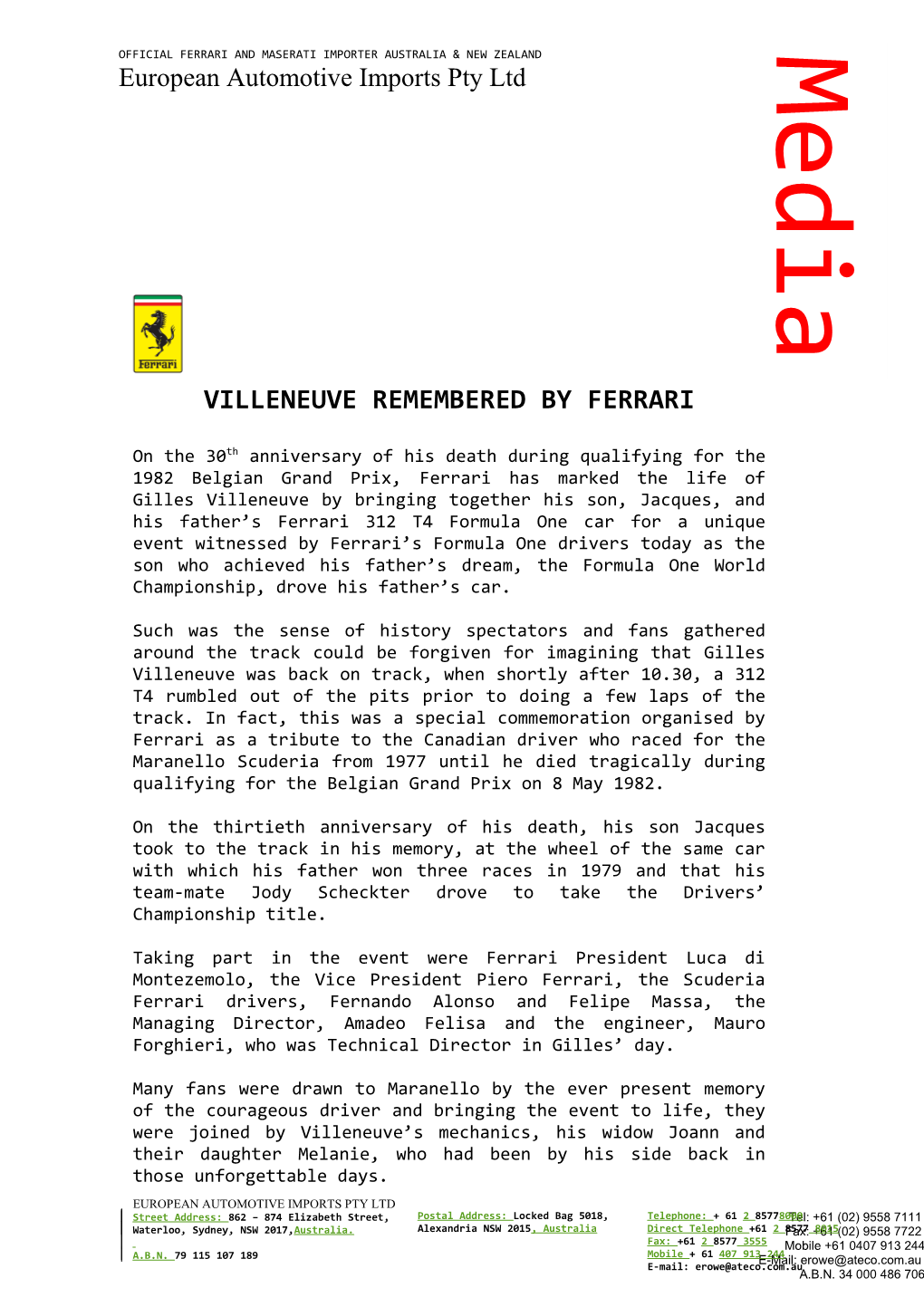Villeneuve Remembered by Ferrari