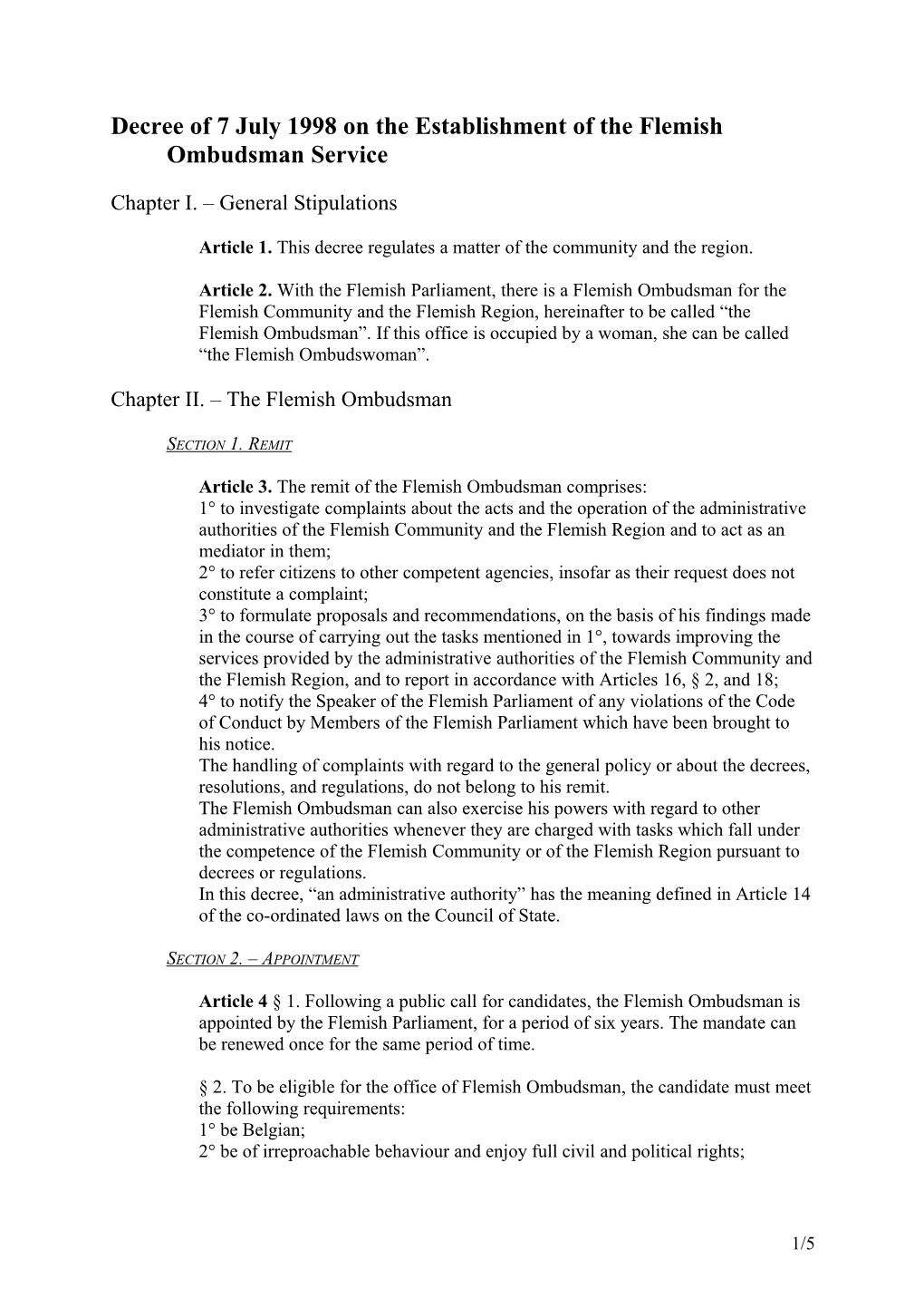 Decree of 7 July 1998 on the Establishment of the Flemish Ombudsman Service