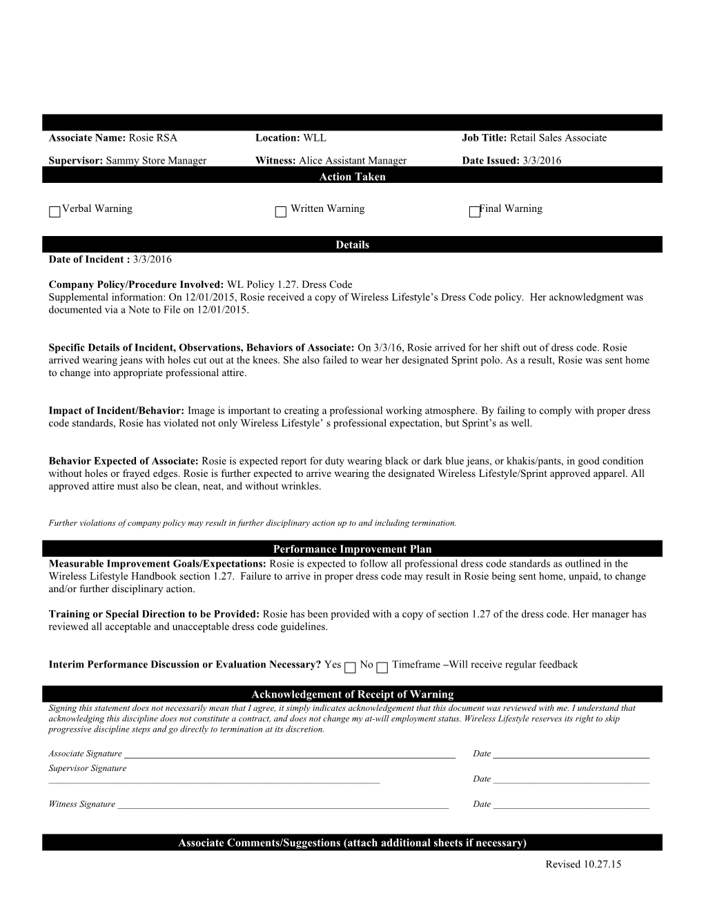 Associate Comments/Suggestions (Attach Additional Sheets If Necessary)