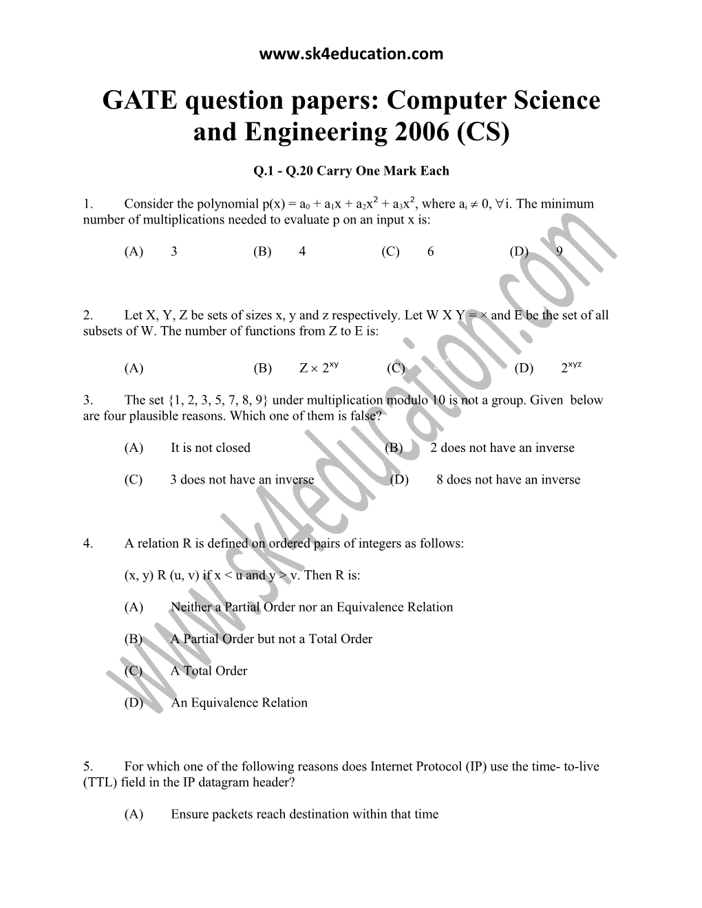 GATE Question Papers: Computer Science and Engineering 2006 (CS)