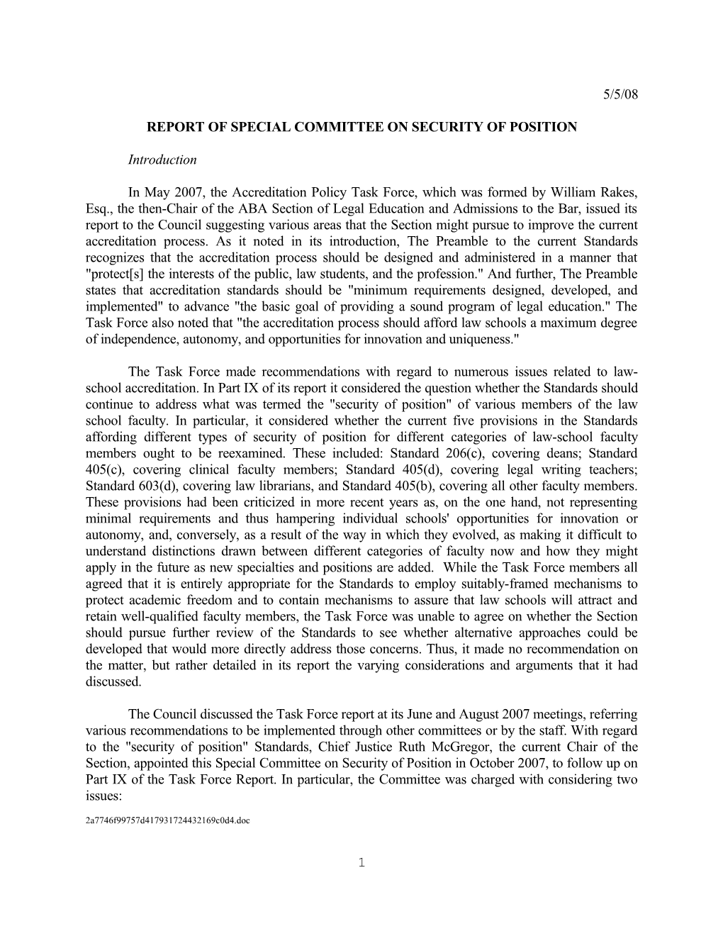Report of Special Committee on Security of Position