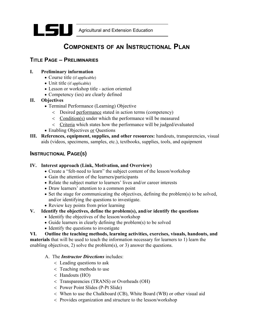 Components of an Instructional Plan