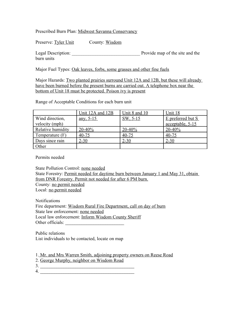 Prescribed Burn Plan: Oak Savanna Conservancy