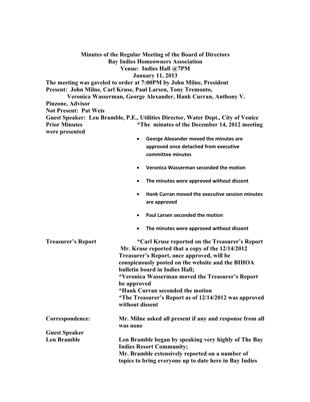 Minutes of the Regular Meeting of the Board of Directors