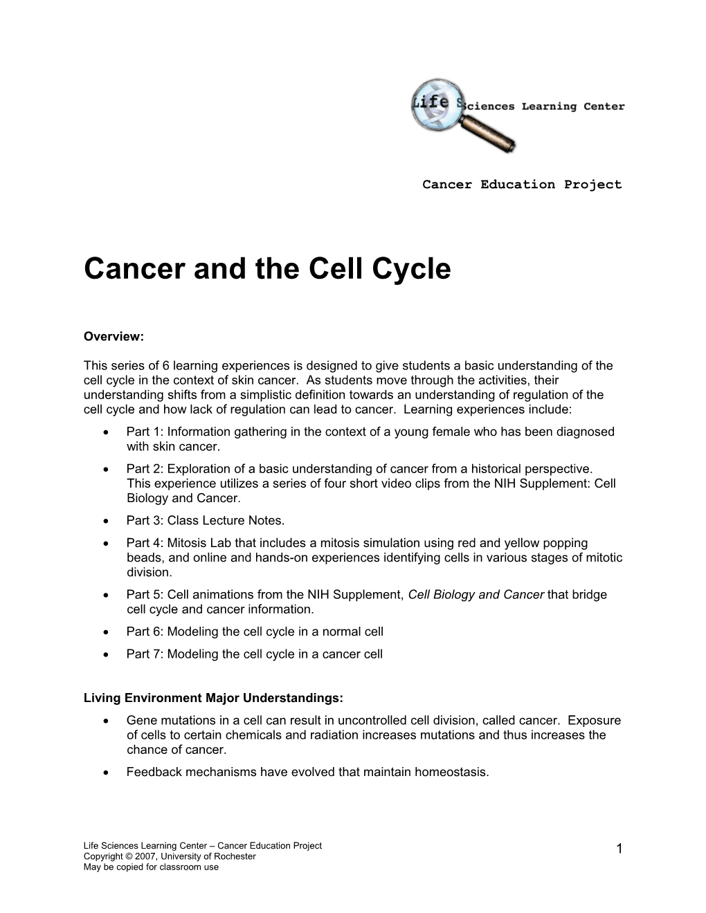 Cancer and the Cell Cycle (Teacher Notes)