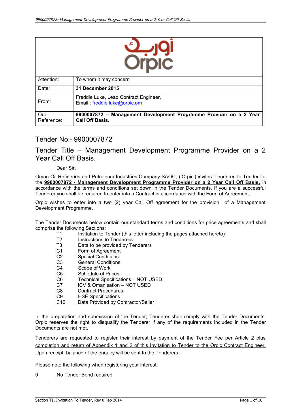 Tender Title Management Development Programme Provider on a 2 Year Call Off Basis