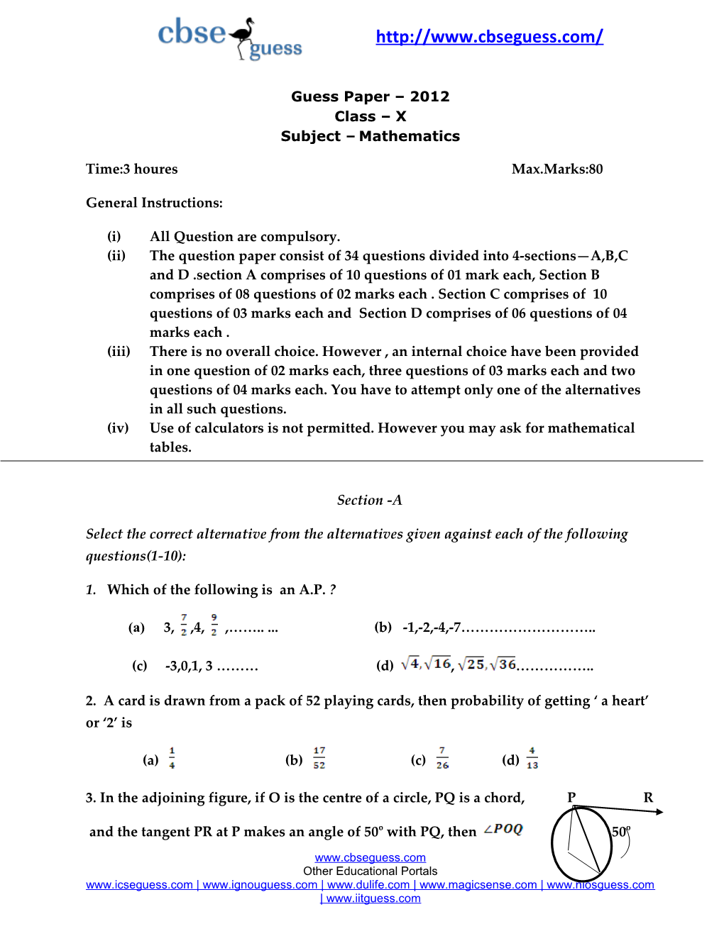 Mock Test for Class X Mathematics