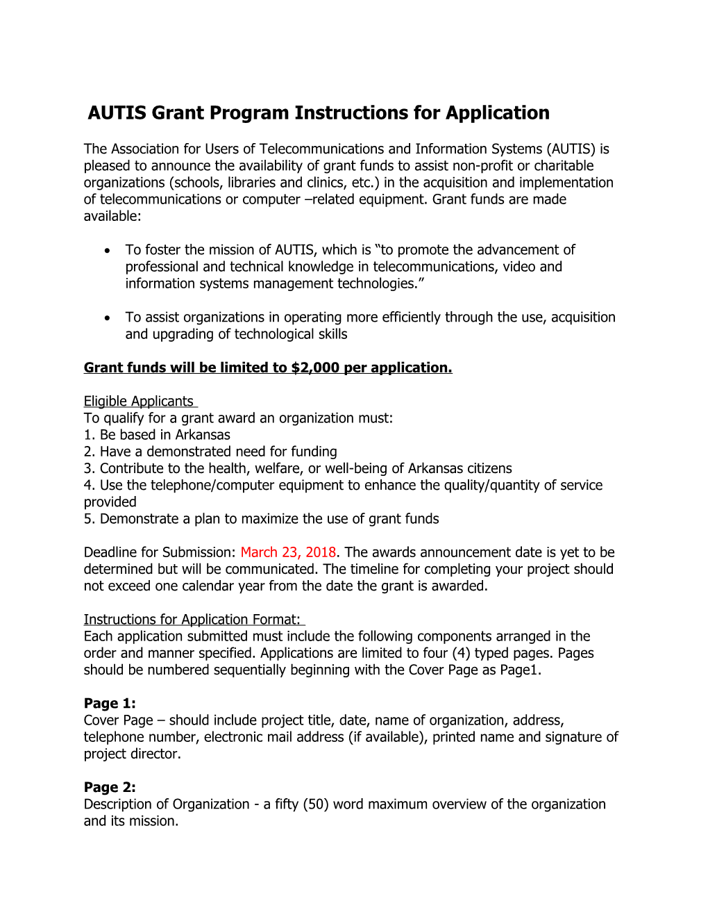 AUTIS Grant Program Instructions for Application