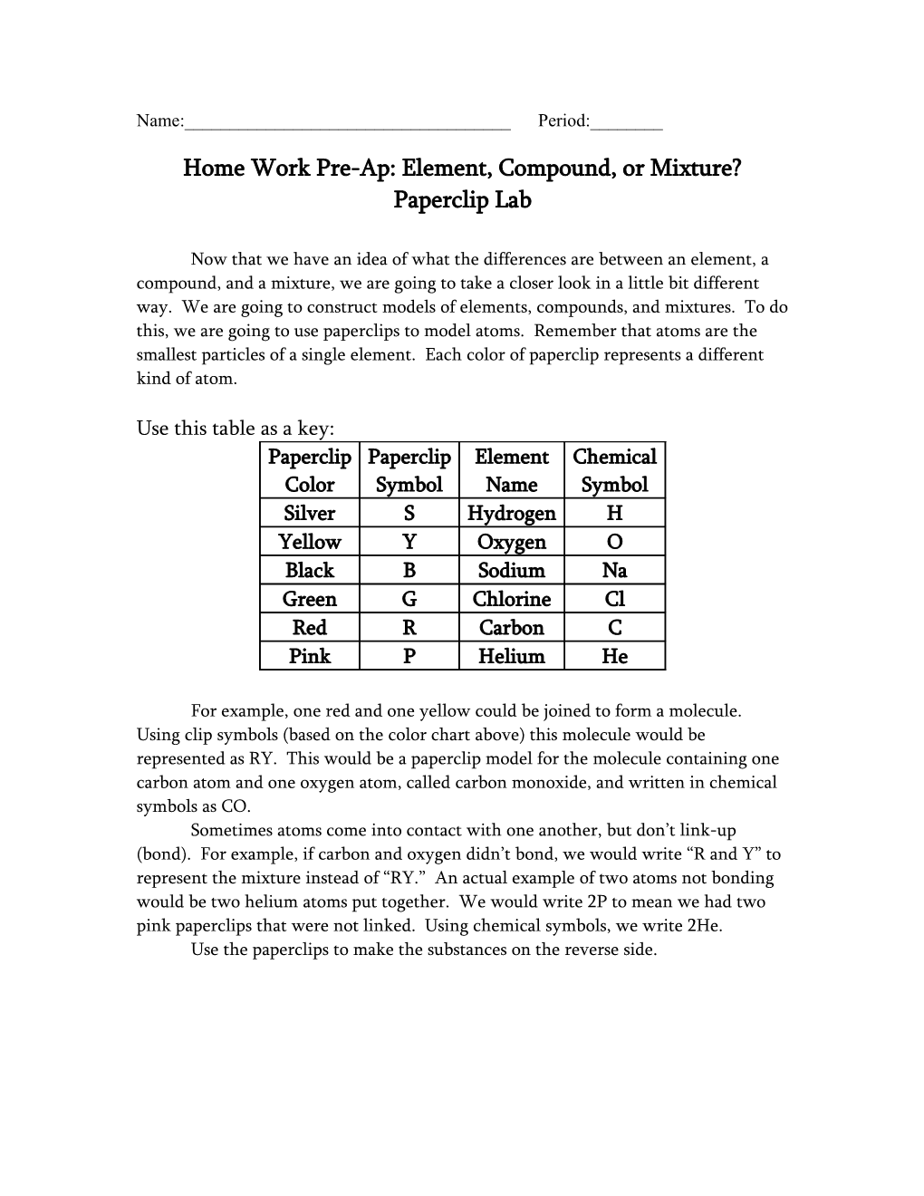 Home Work Pre-Ap: Element, Compound, Or Mixture?
