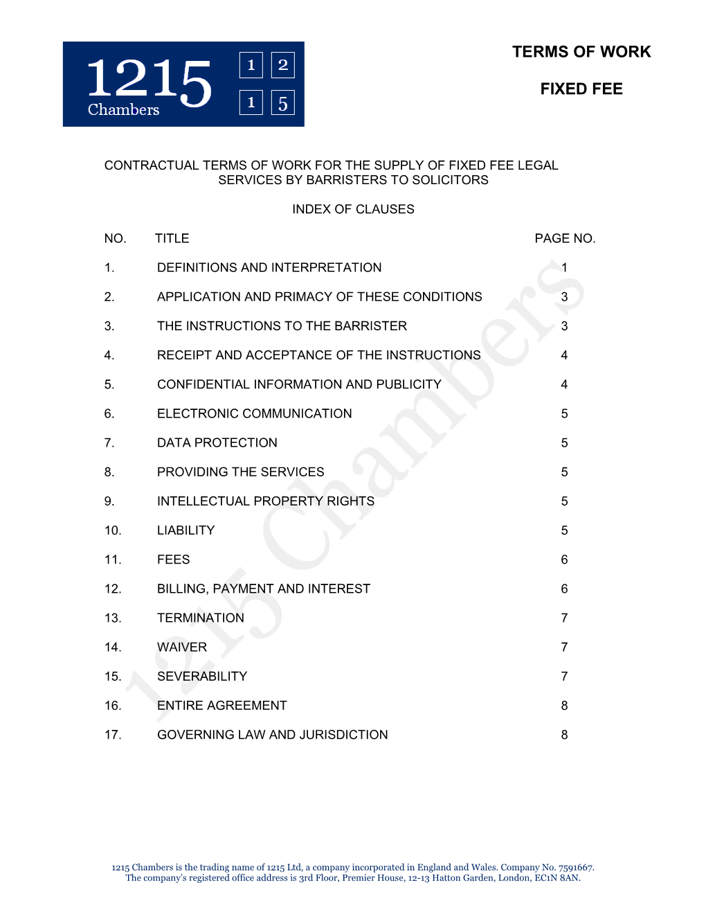 Contractual Terms of Work for the Supply of Fixed Fee Legal