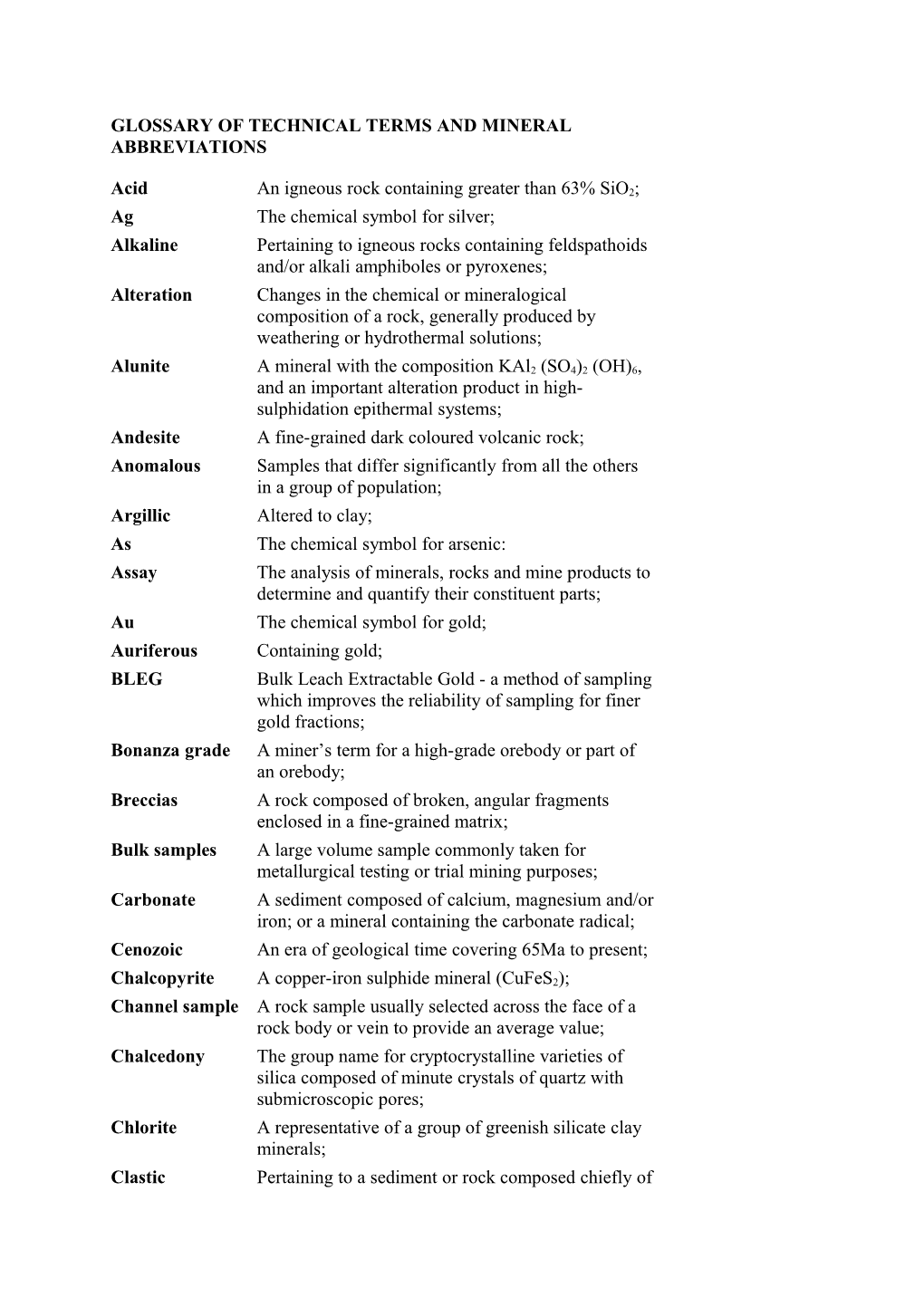 Glossary of Technical Terms and Mineral Abbreviations