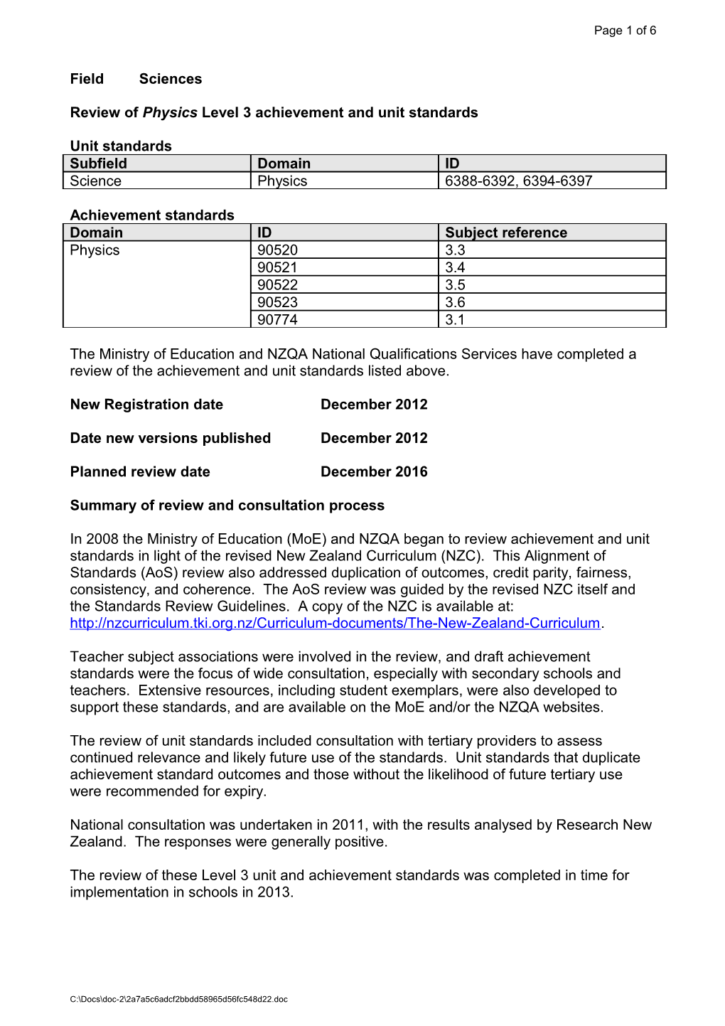 Review of Physics Level 3 Achievement and Unit Standards