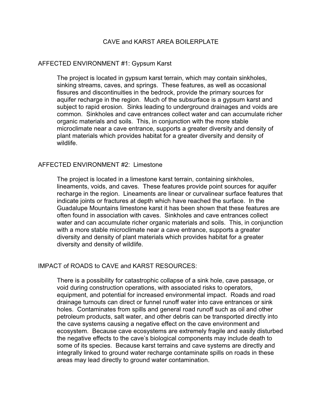 CAVE and KARST AREA BOILERPLATE