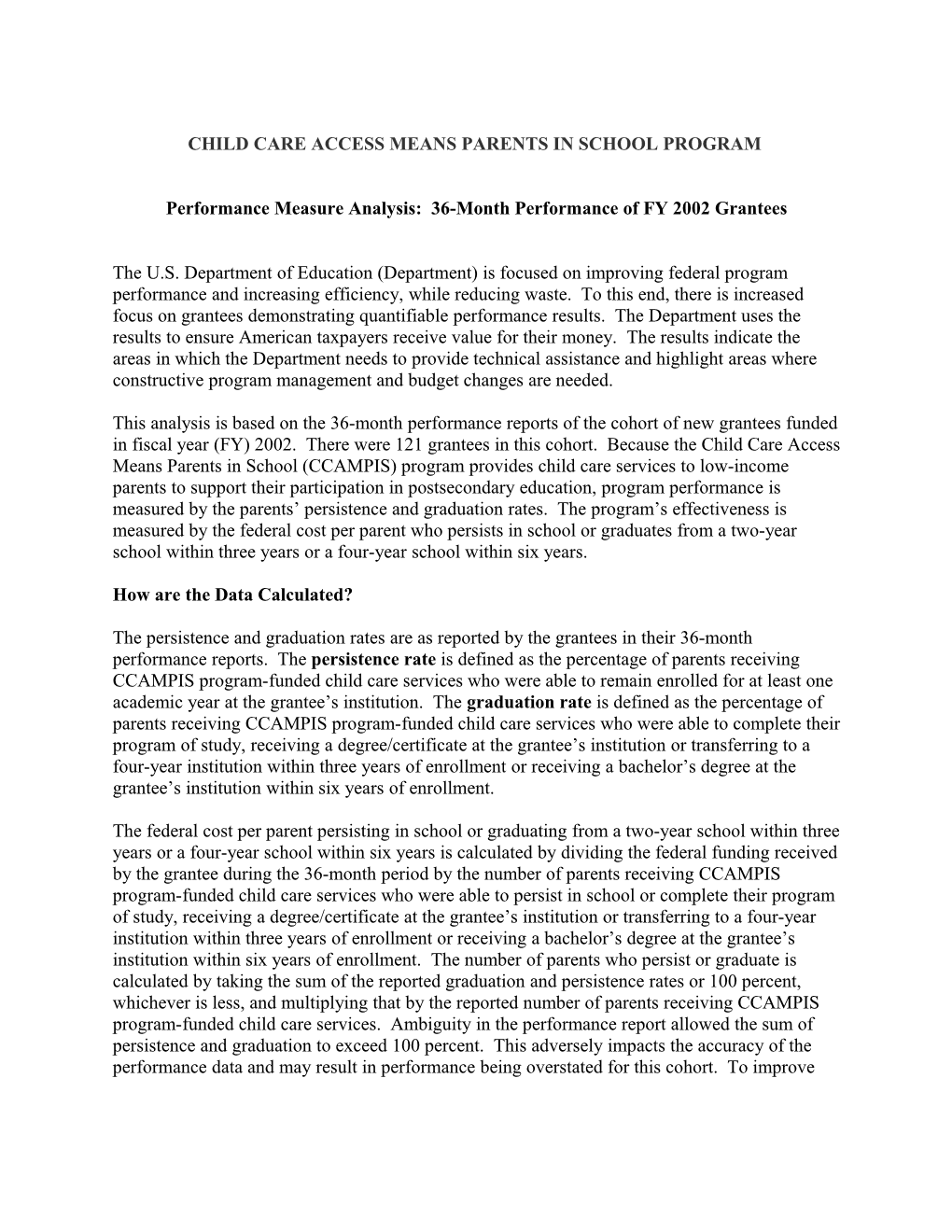 Performance Measure Analysis: 36-Month Performance of FY 2002 Grantees Under the CCAMPIS