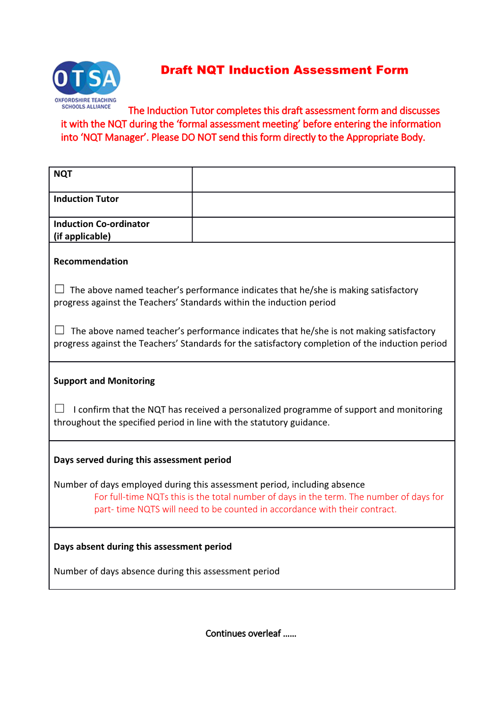 The Induction Tutor Completes This Draft Assessment Form and Discusses It with the NQT