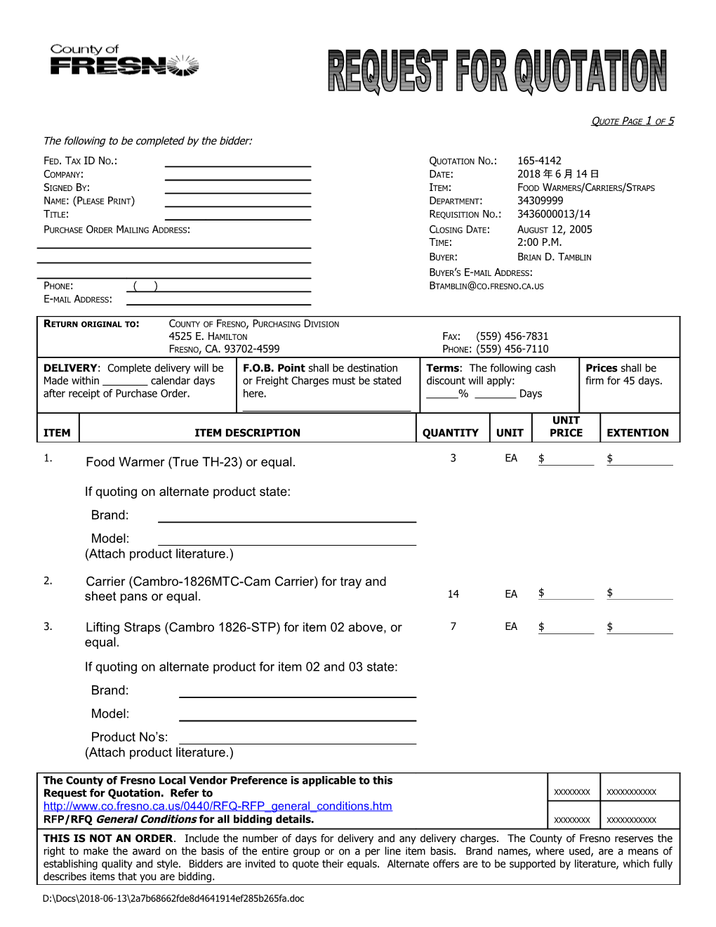 Short Bid Form for Buyers