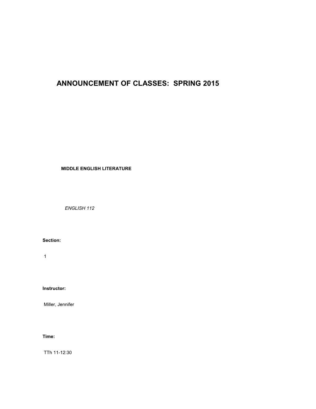 Announcement of Classes: Spring 2015