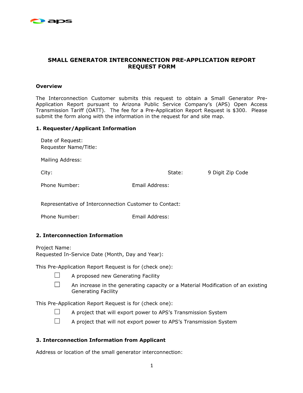 Small Generator Interconnection Pre-Application Report Request Form