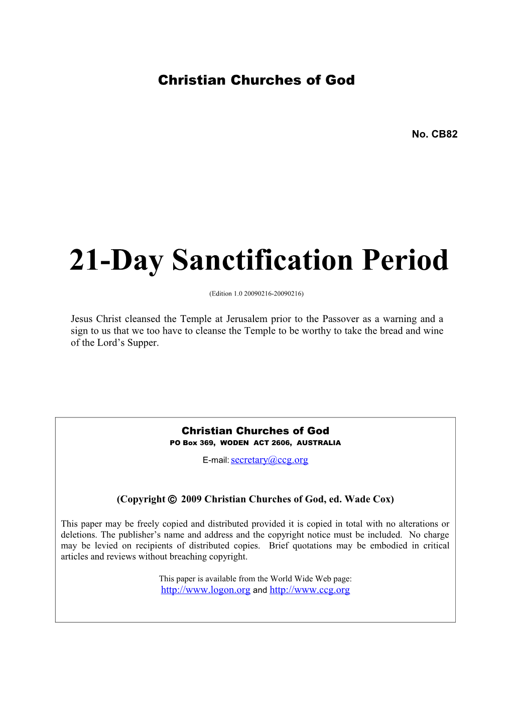 21-Day Sanctification Period (No. CB82)