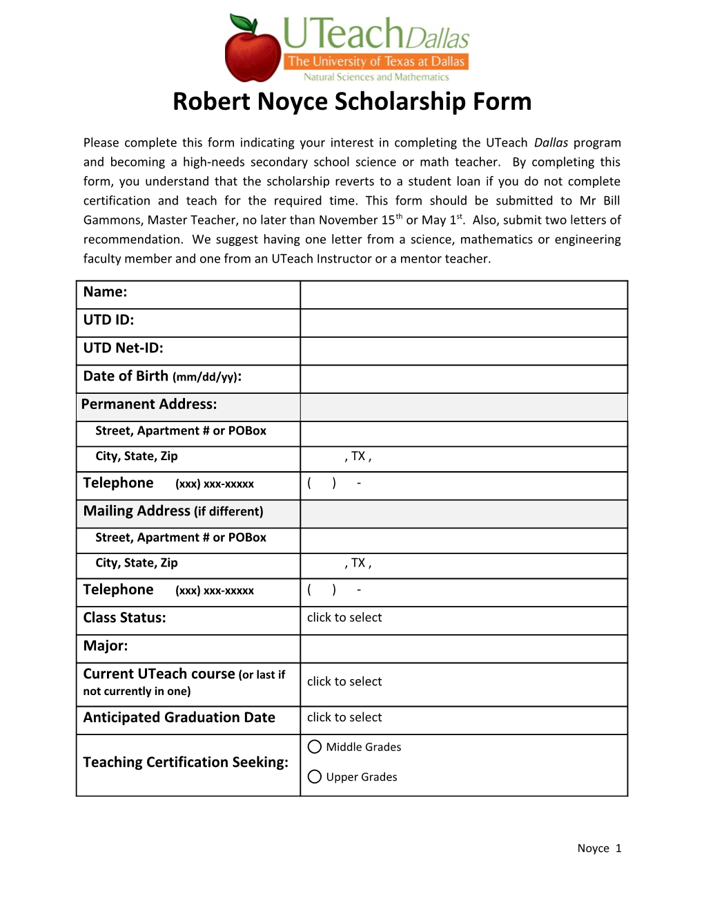 Robert Noyce Scholarship Form
