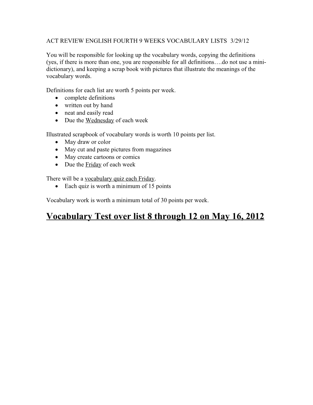 Act Review English Fourth 9 Weeks Vocabulary Lists