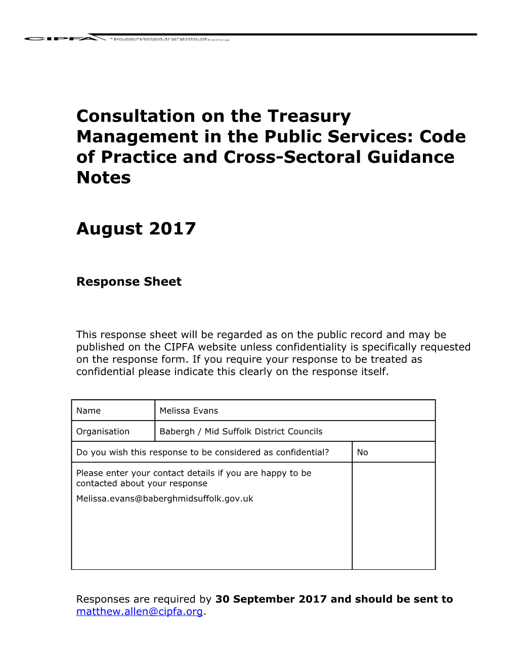 Consultation on Thetreasury Management in the Public Services: Code of Practice And