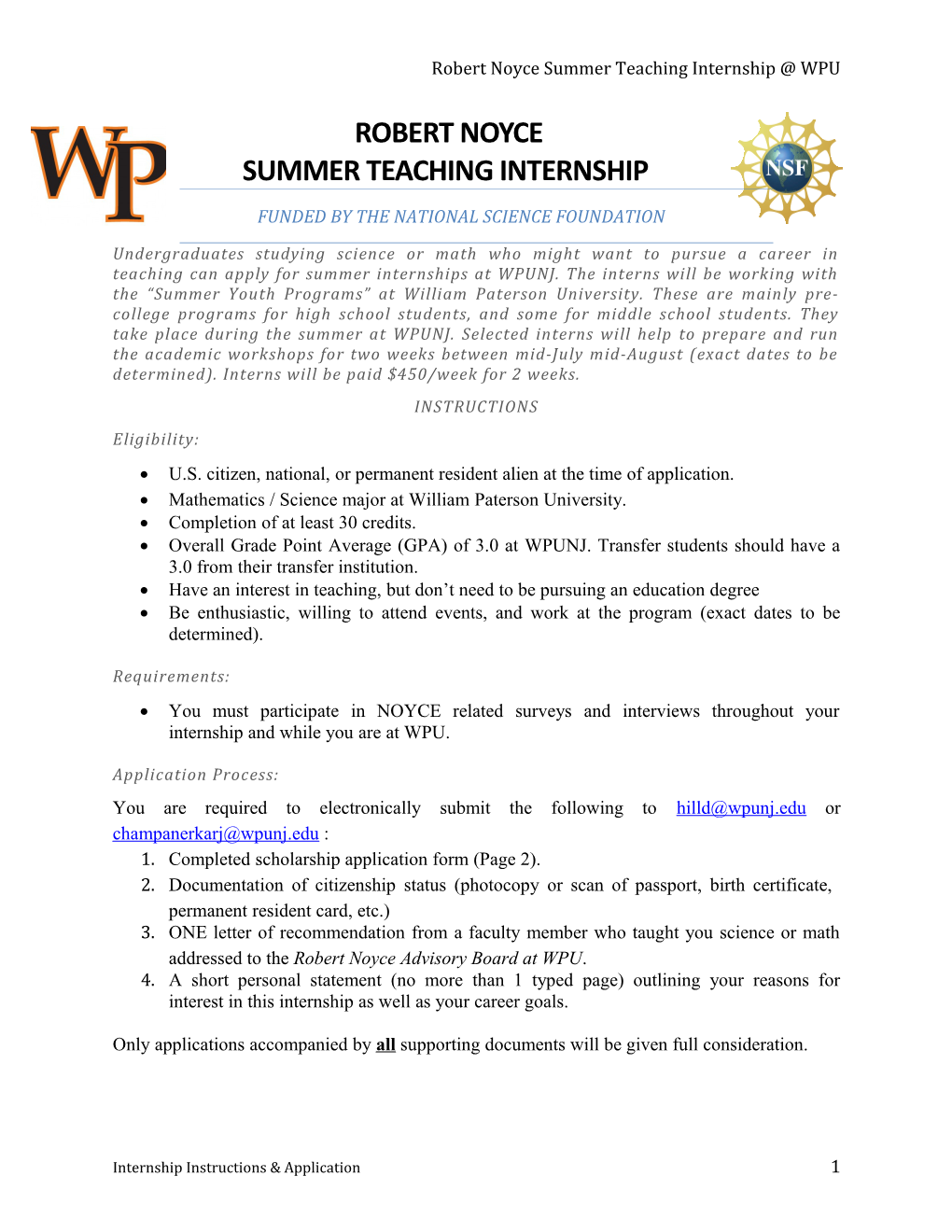 Robert Noyce Summer Teaching Internship WPU