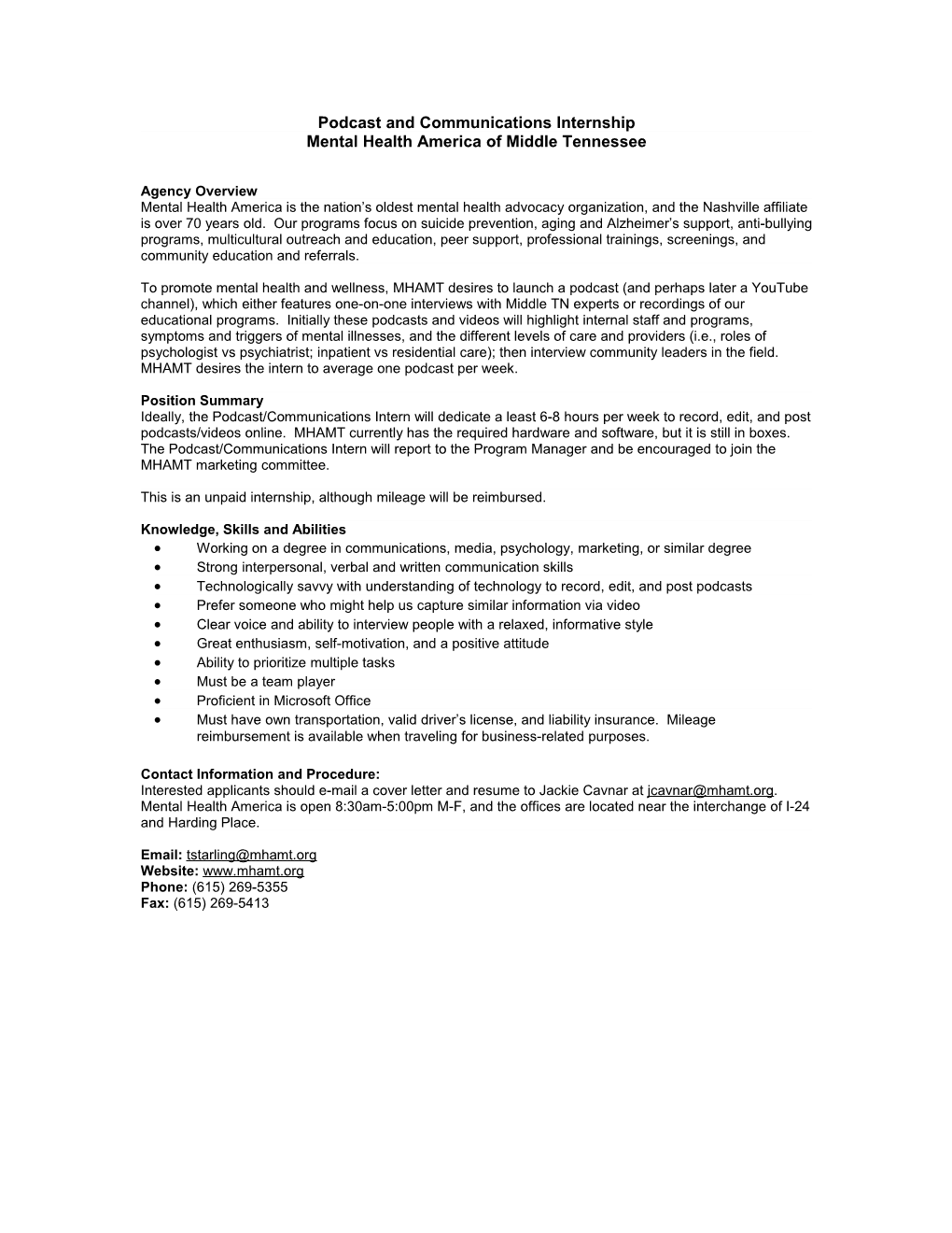 Mtsu Internship Request & Job Description