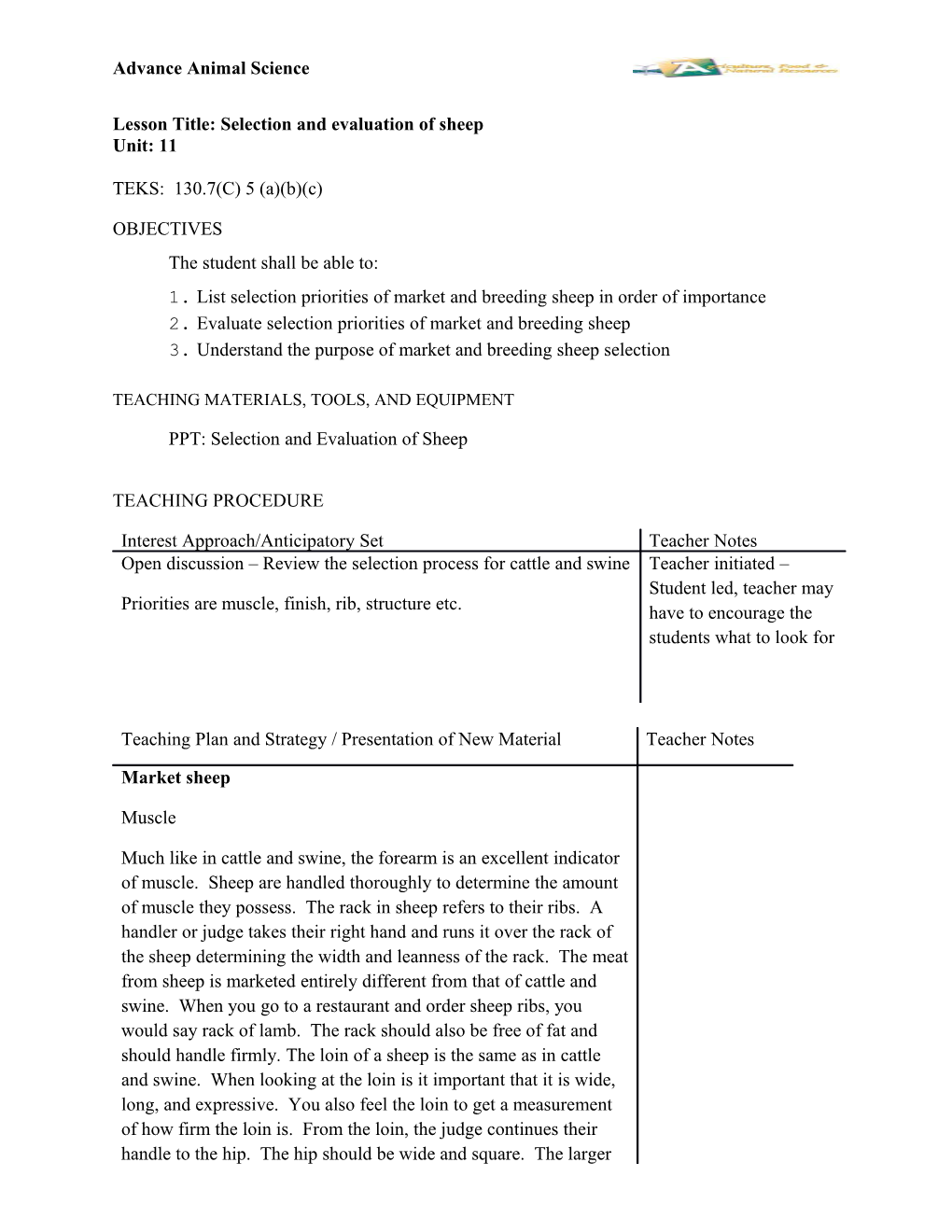 Lesson Title: Selection and Evaluation of Sheep